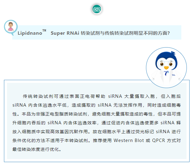 Lipidnano™Super RNAi转染试剂与传统转染试剂明显不同的方面？传统转染试剂可通过表面正电荷帮助 siRNA 大量摄取入胞，但入胞后 siRNA 内含体逃逸水平低，造成摄取的 siRNA 无法发挥作用，同时造成细胞毒性。本品为非强正电型脂质转染试剂，避免细胞大量摄取造成的毒性，但本品可提升细胞内吞后的 siRNA 内含体逃逸效率，通过促进内含体逃逸使更多 siRNA 释放入细胞质中实现高效基因沉默作用。故在细胞水平上通过荧光标记 siRNA 进行条件优化的方法不适用于本转染试剂。推荐使用 Western Blot 或 QPCR 方式对最佳转染浓度进行优化。
